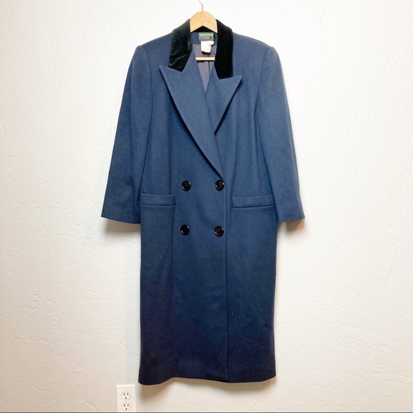 Harve Benard Dark Blue Wool Long Coat with black collar 8 - Picture 1 of 6
